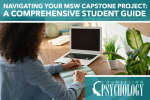 Student working on MSW capstone project with notebook and laptop