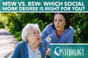MSW vs BSW. Healthcare provider hanging out with elderly lady blowing on dandelion.
