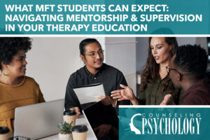 Group of MFT students discussing a topic around a desk with their computers.