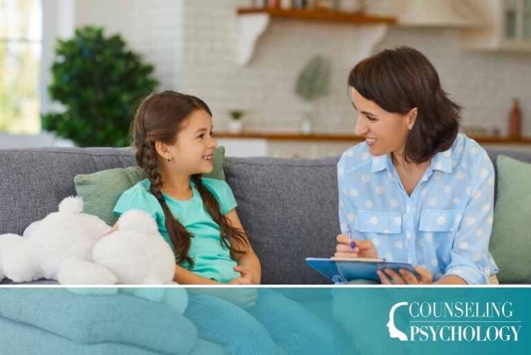 A mental health counselor meets with a young patient in her office.