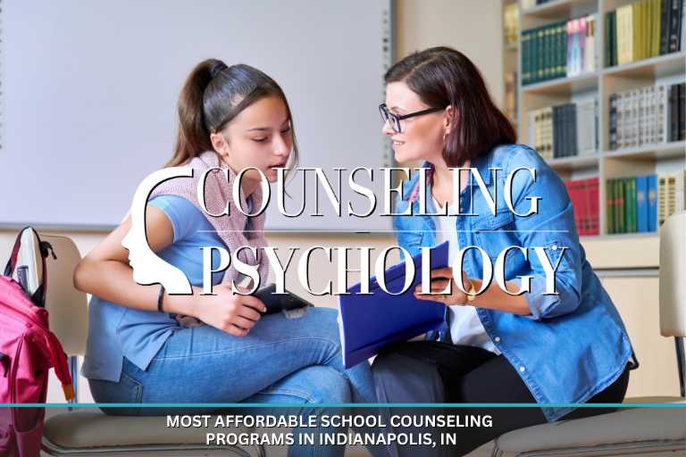 A counselor meets with a teenaged woman in a library at a school.