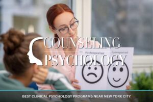 A clinical psychologist meets with a young patient in an office and holds a paper with a happy face drawn next to a sad face.