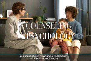 A counselor meets with a mother and her young son in an office.