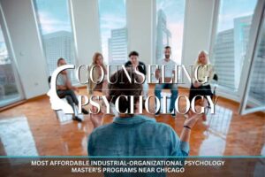 An industrial-organizational psychologist meets with a group of adults in a windowed room.