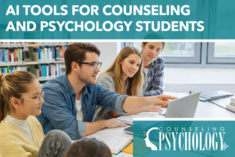 Group of counseling and psychology students gathered around a laptop in a library studying with AI tools