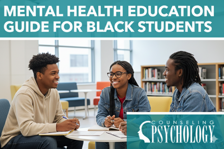 Three black college students, one woman and two men, studying in the library