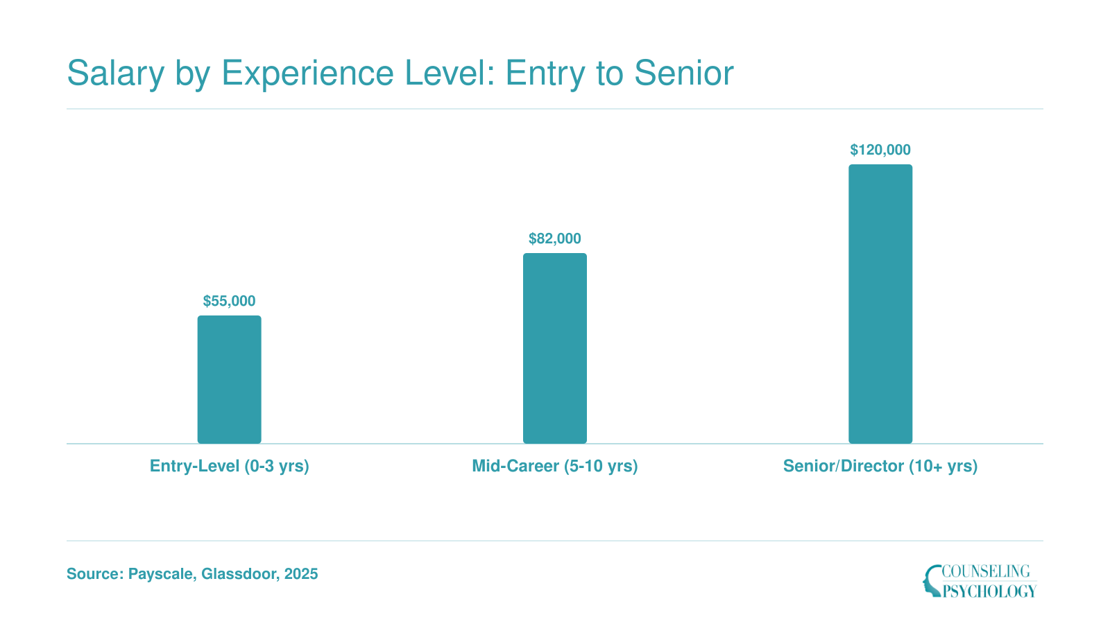 Consumer psychologist salary progression from $55,000 at entry level to $82,000 mid-career to $120,000 at senior or director level