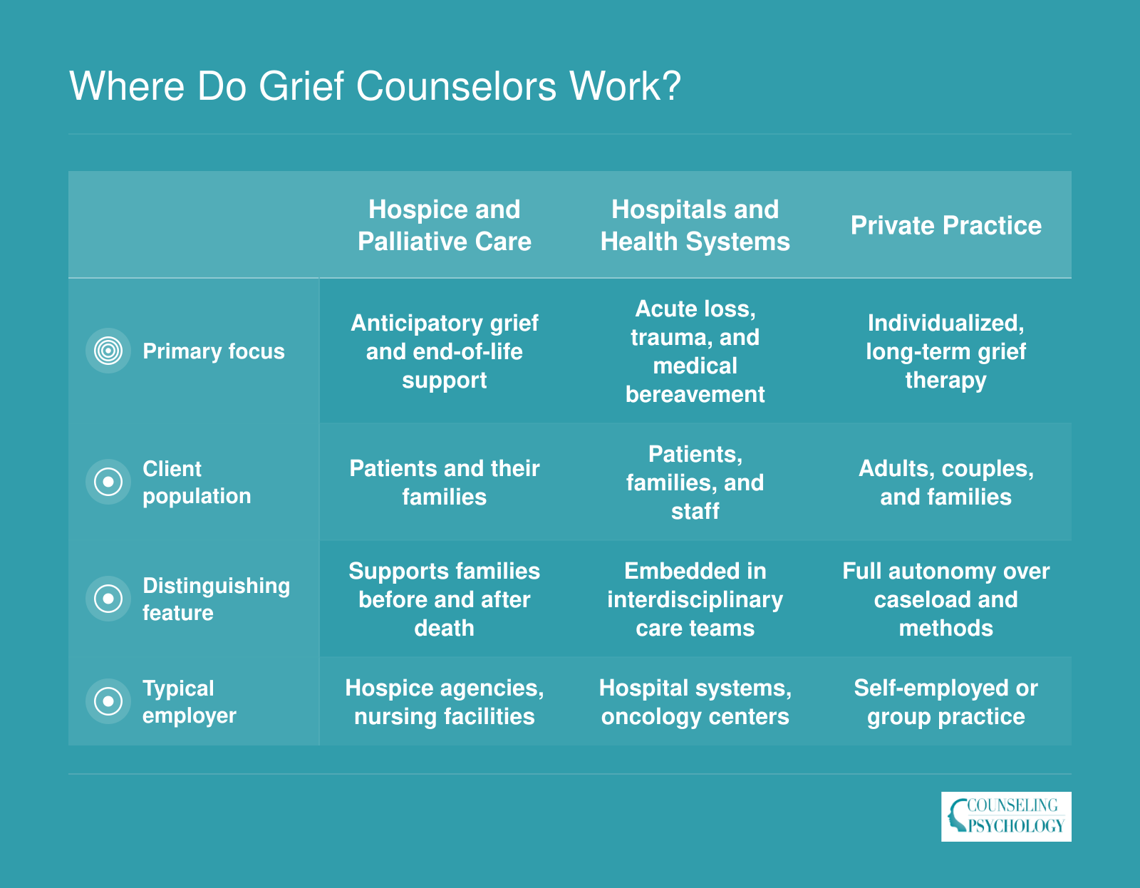 Comparison of six grief counselor work settings including hospice, hospitals, private practice, schools, VA programs, and community nonprofits