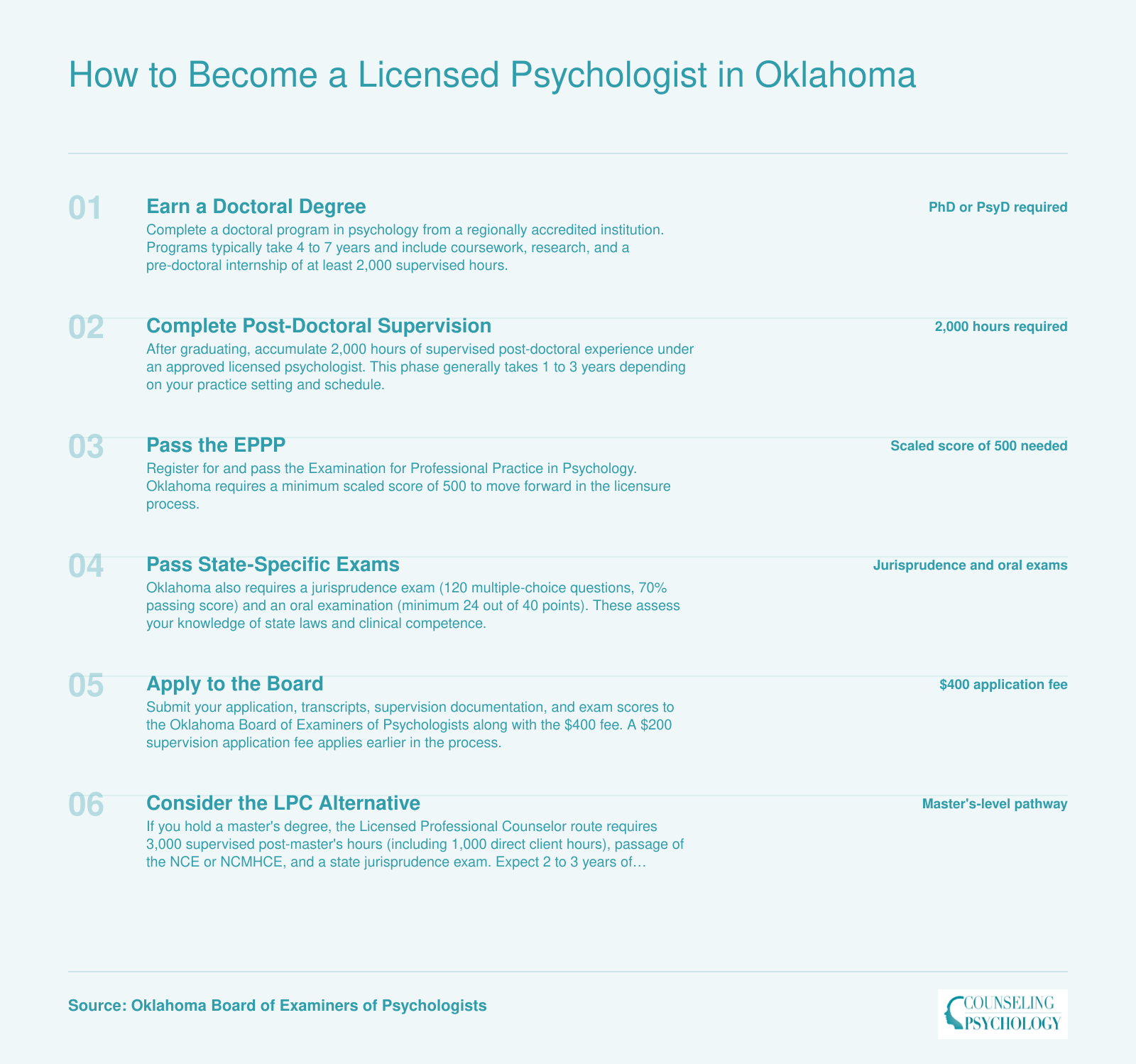 Six-step licensure pathway for becoming a licensed psychologist in Oklahoma, from doctoral degree through board application, plus the master's-level LPC alternative