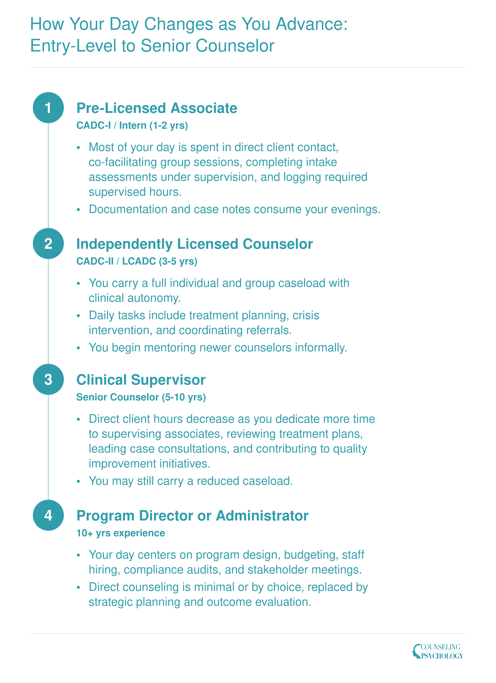 Four-stage career progression from pre-licensed associate to program director showing shift from direct client hours to supervision and administration