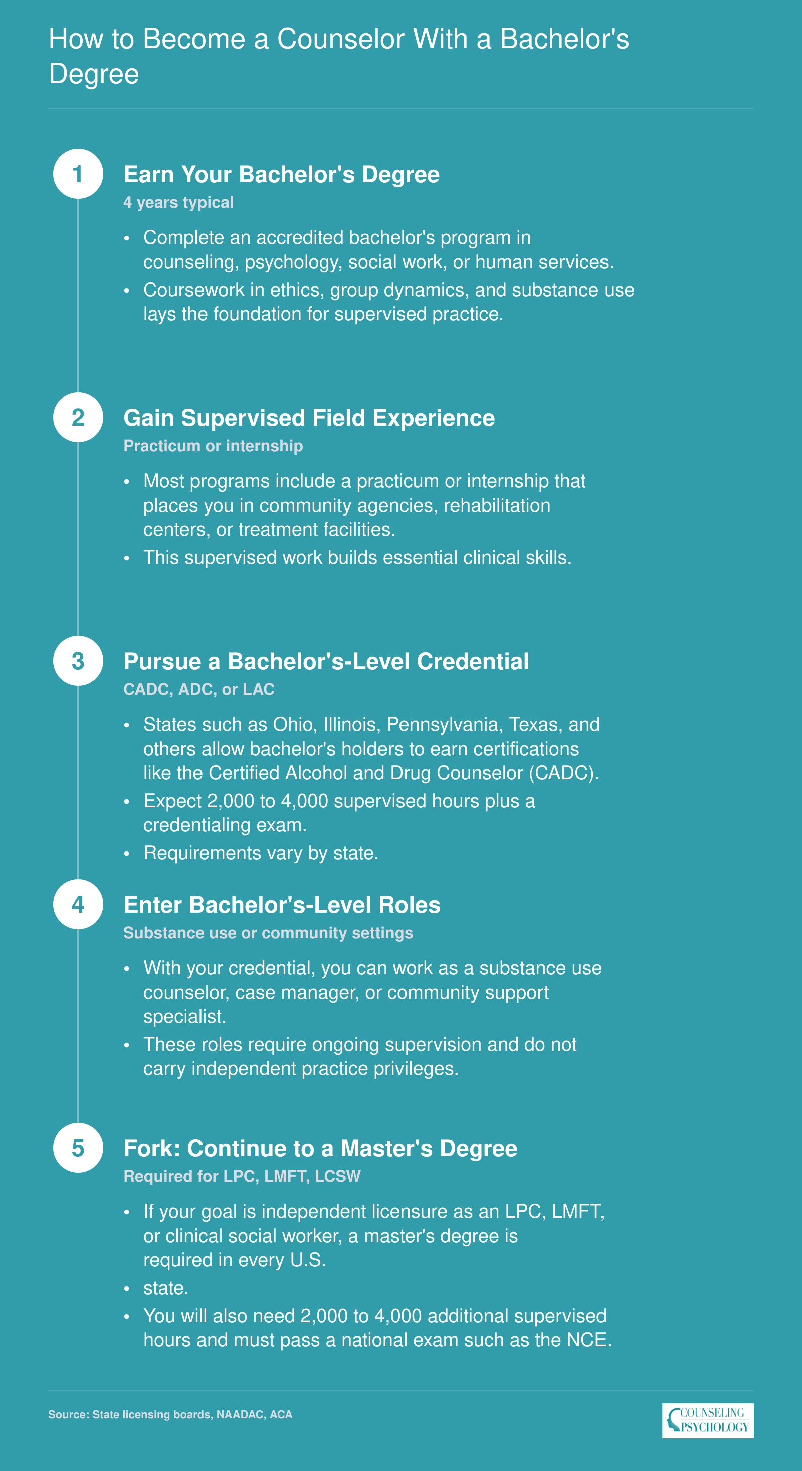 Five-step pathway from earning a counseling bachelor's degree through field experience and certification to entering the workforce or pursuing a master's for LPC or LMFT licensure