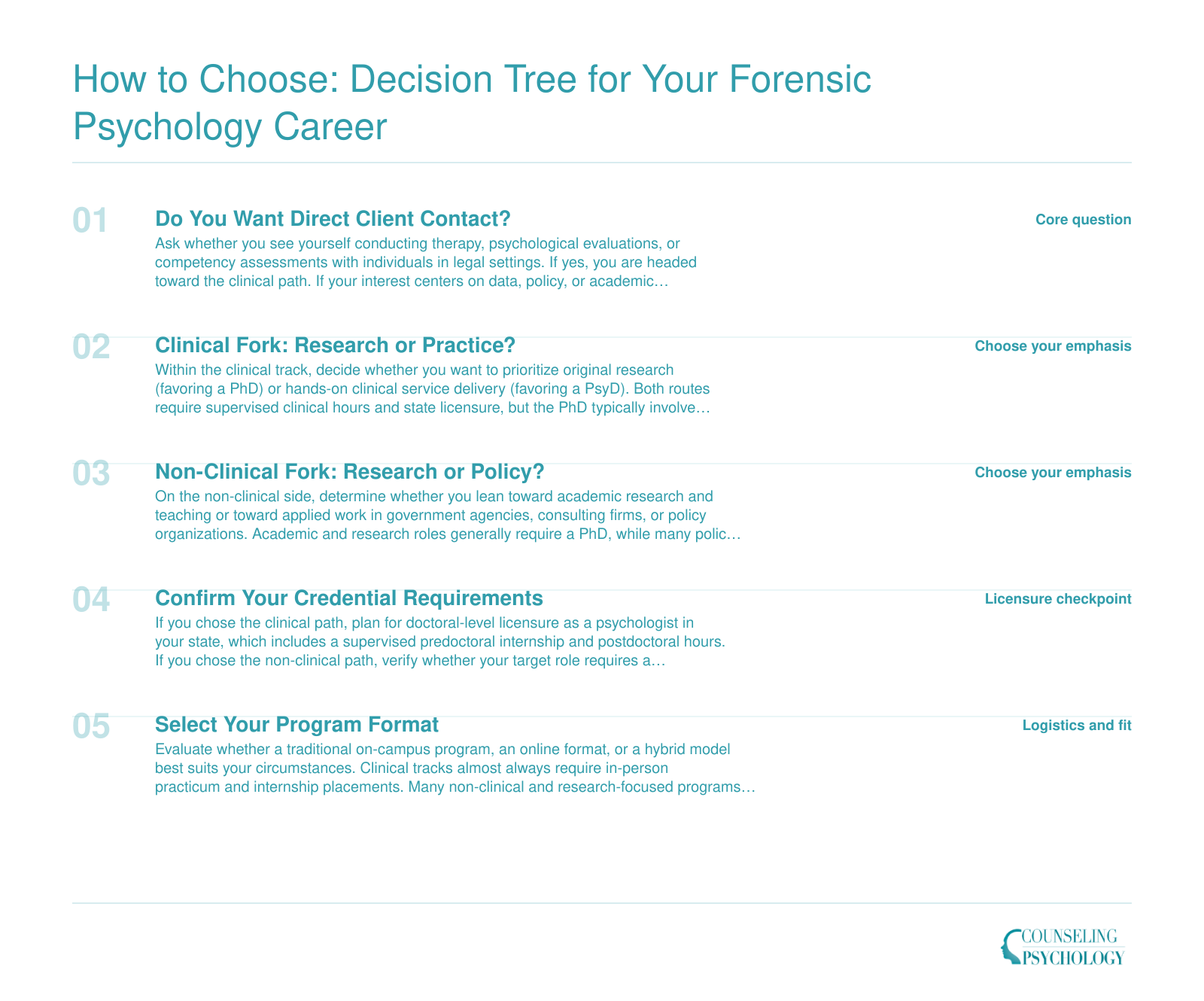 Decision tree guiding students from interest in forensic psychology through clinical or non-clinical forks to specific degree and career outcomes