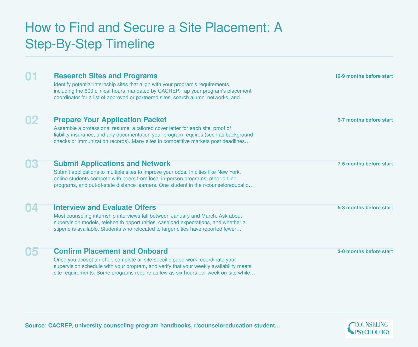 12-month internship placement timeline from early research through site confirmation for counseling students