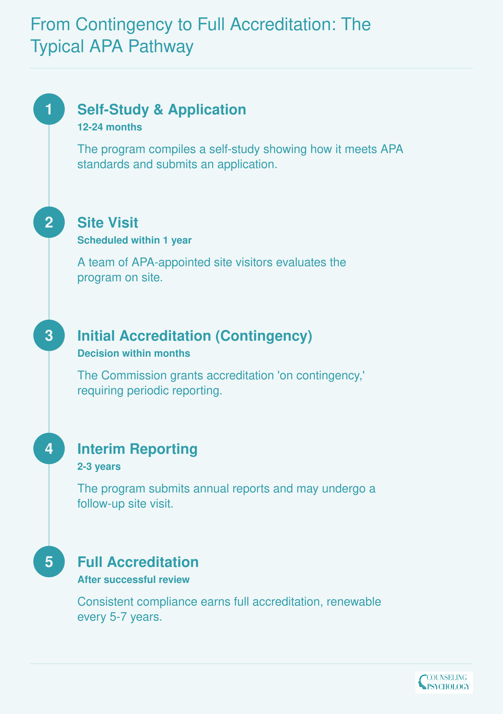 APA accreditation process steps: self-study, site visit, initial accreditation on contingency, interim reporting, and full accreditation, spanning 3-5 years.