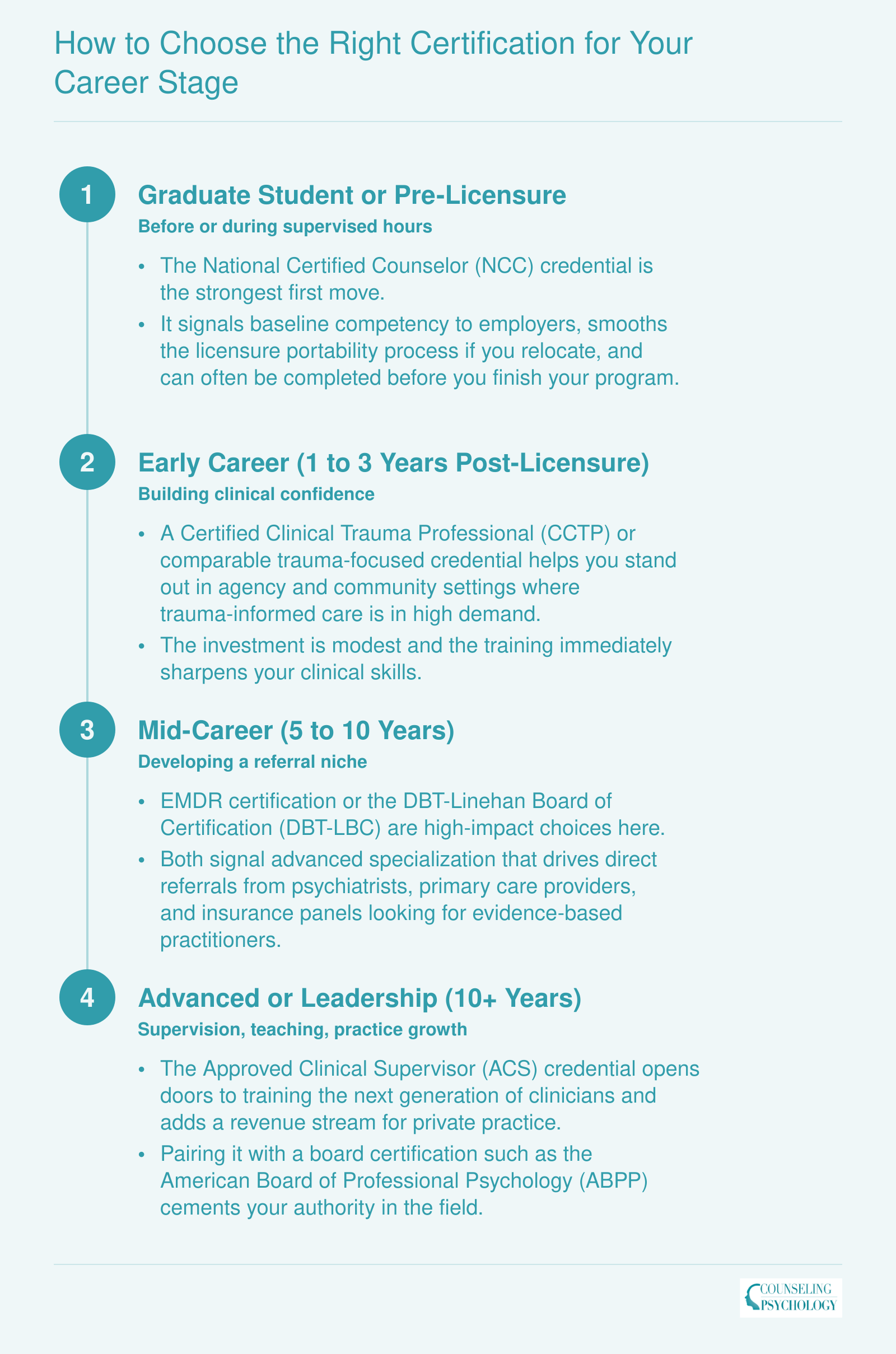 Four-stage career timeline mapping recommended therapist certifications from graduate student through advanced leadership roles
