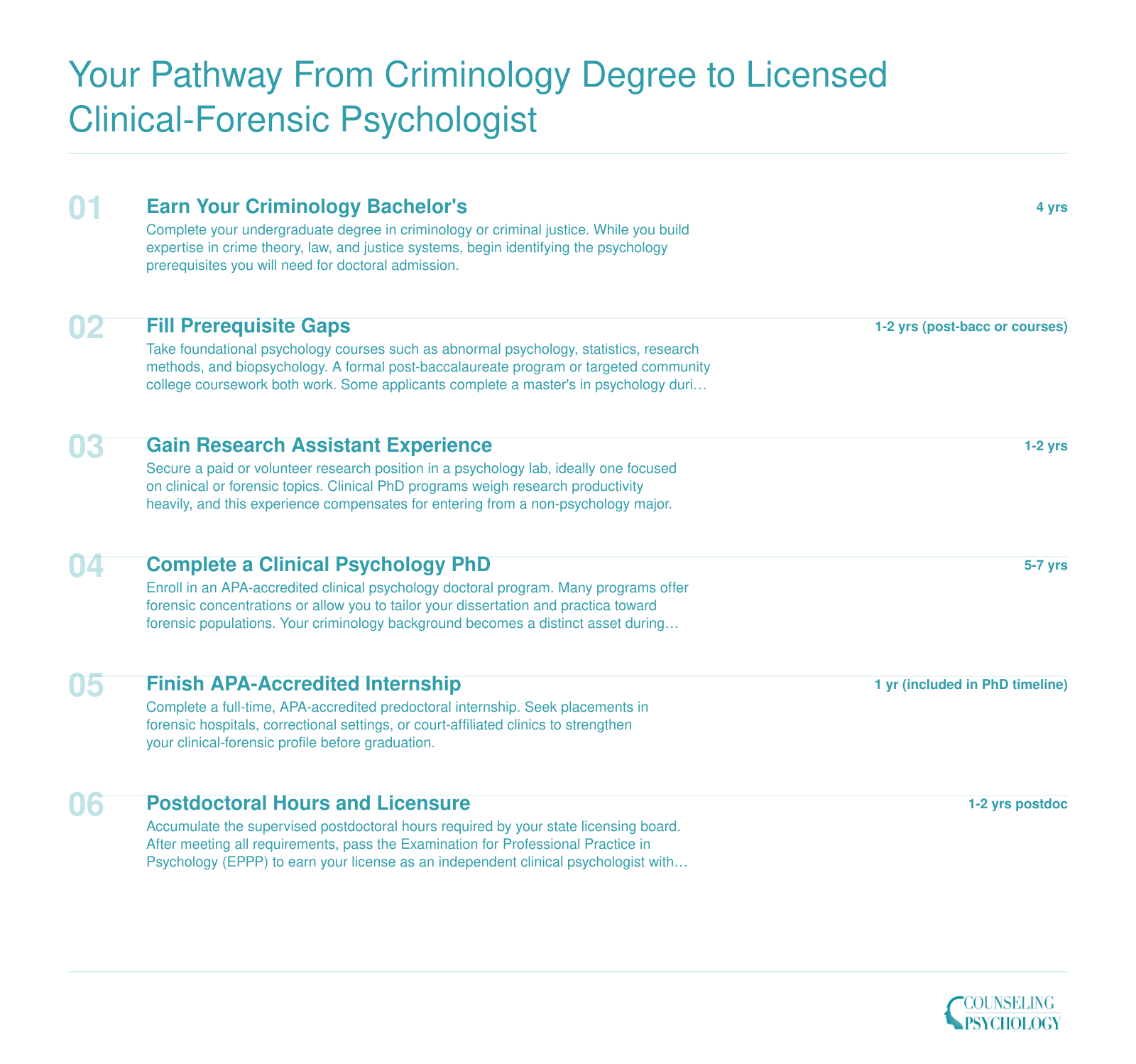 Six-step timeline from criminology bachelor's degree through prerequisite coursework, research experience, clinical psychology PhD, APA internship, and postdoctoral licensure, spanning roughly 10 to 14 years