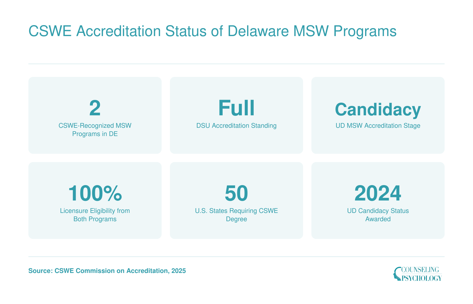 Two CSWE-recognized MSW programs in Delaware: DSU holds full accreditation, UD holds candidacy status as of 2024