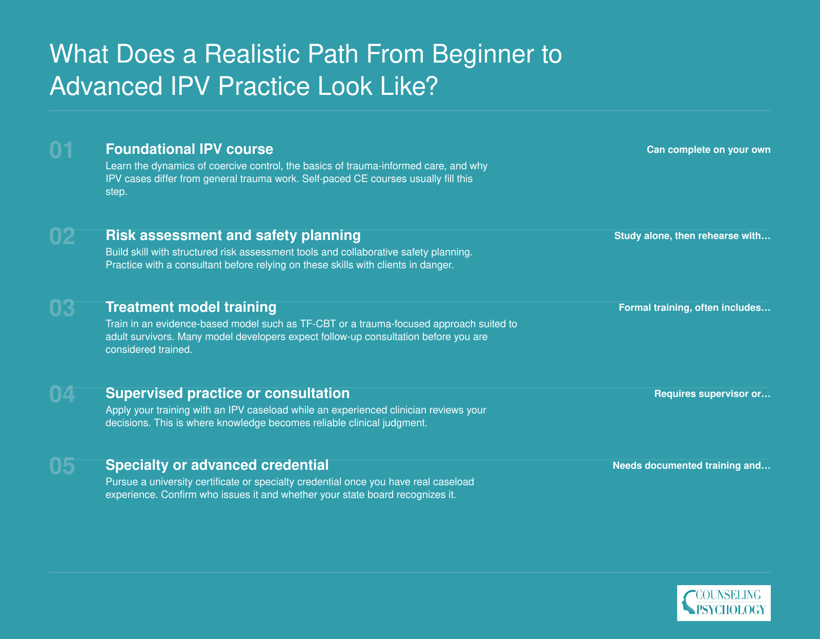 Five-step training ladder for IPV therapists, from foundational coursework to supervised practice and an advanced specialty credential