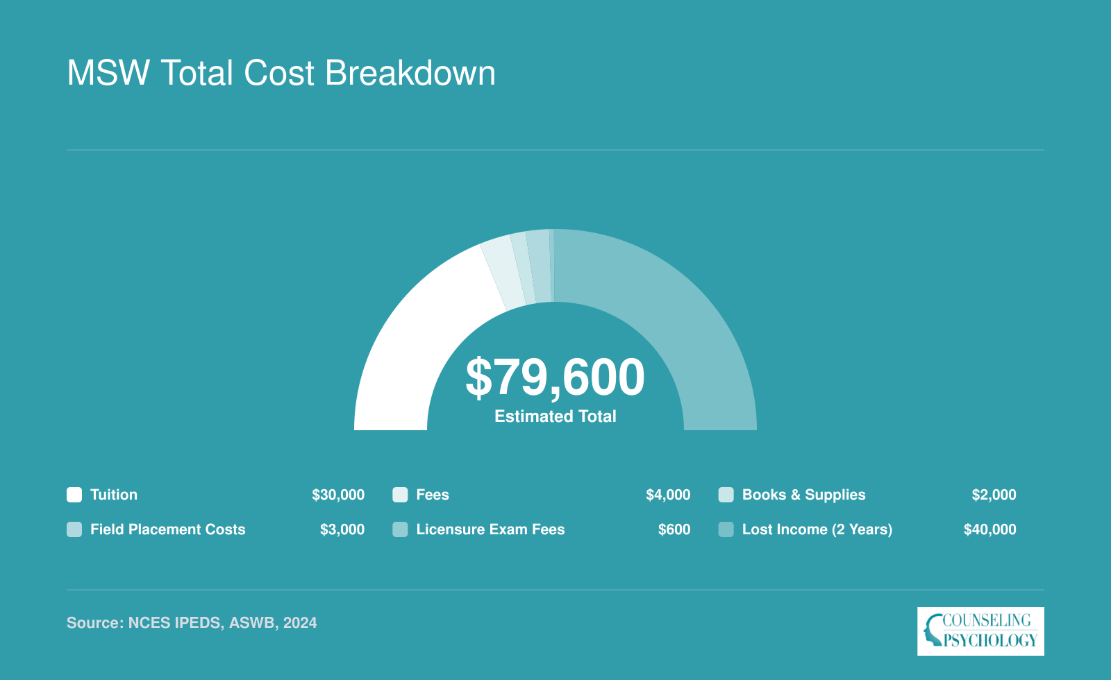 Estimated total two-year MSW cost of $79,600 at a public in-state program, split across tuition, fees, field placement, exam fees, and lost income