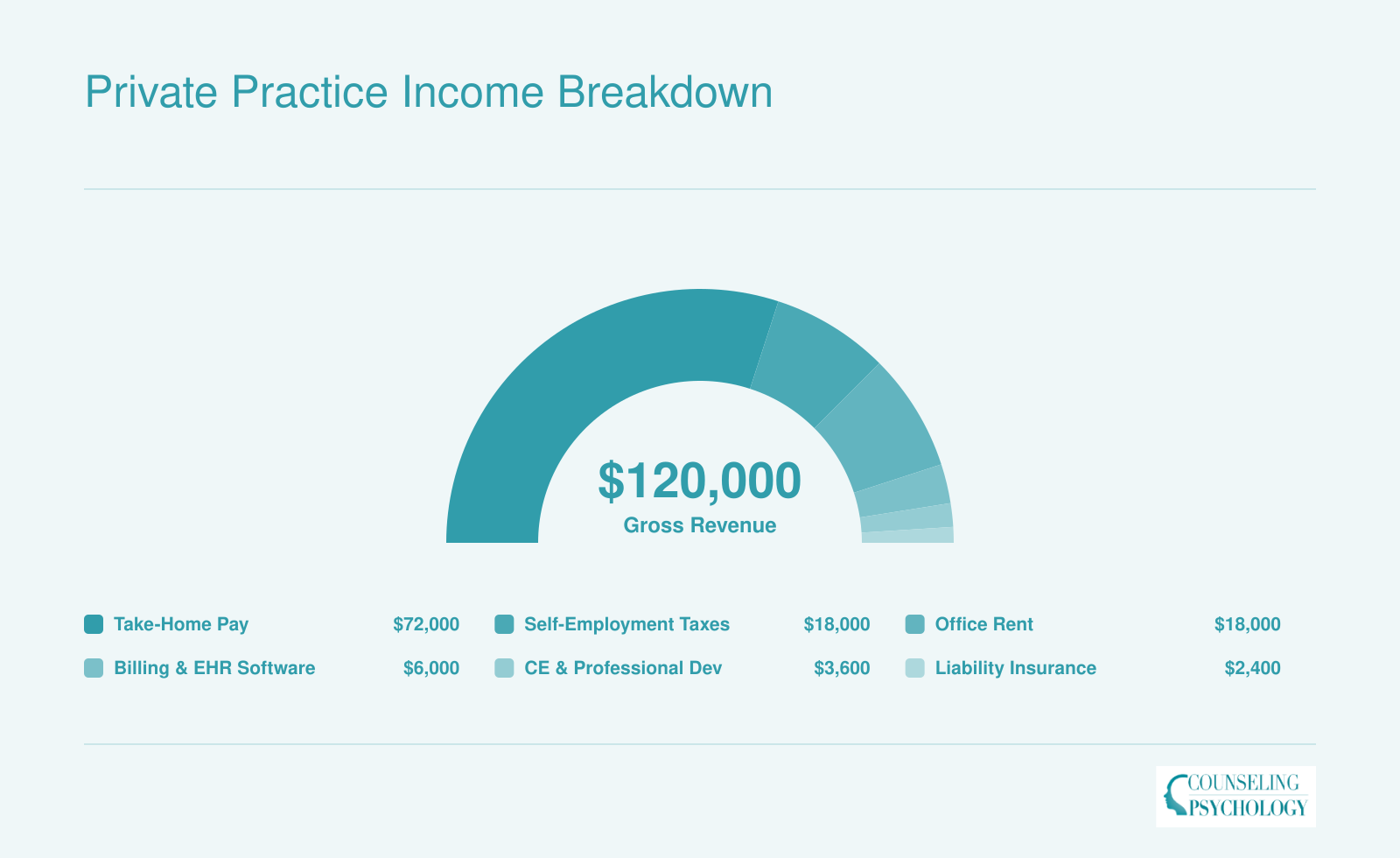 Breakdown of $120,000 gross private practice revenue into take-home pay, office rent, billing and EHR, liability insurance, self-employment taxes, and continuing education costs