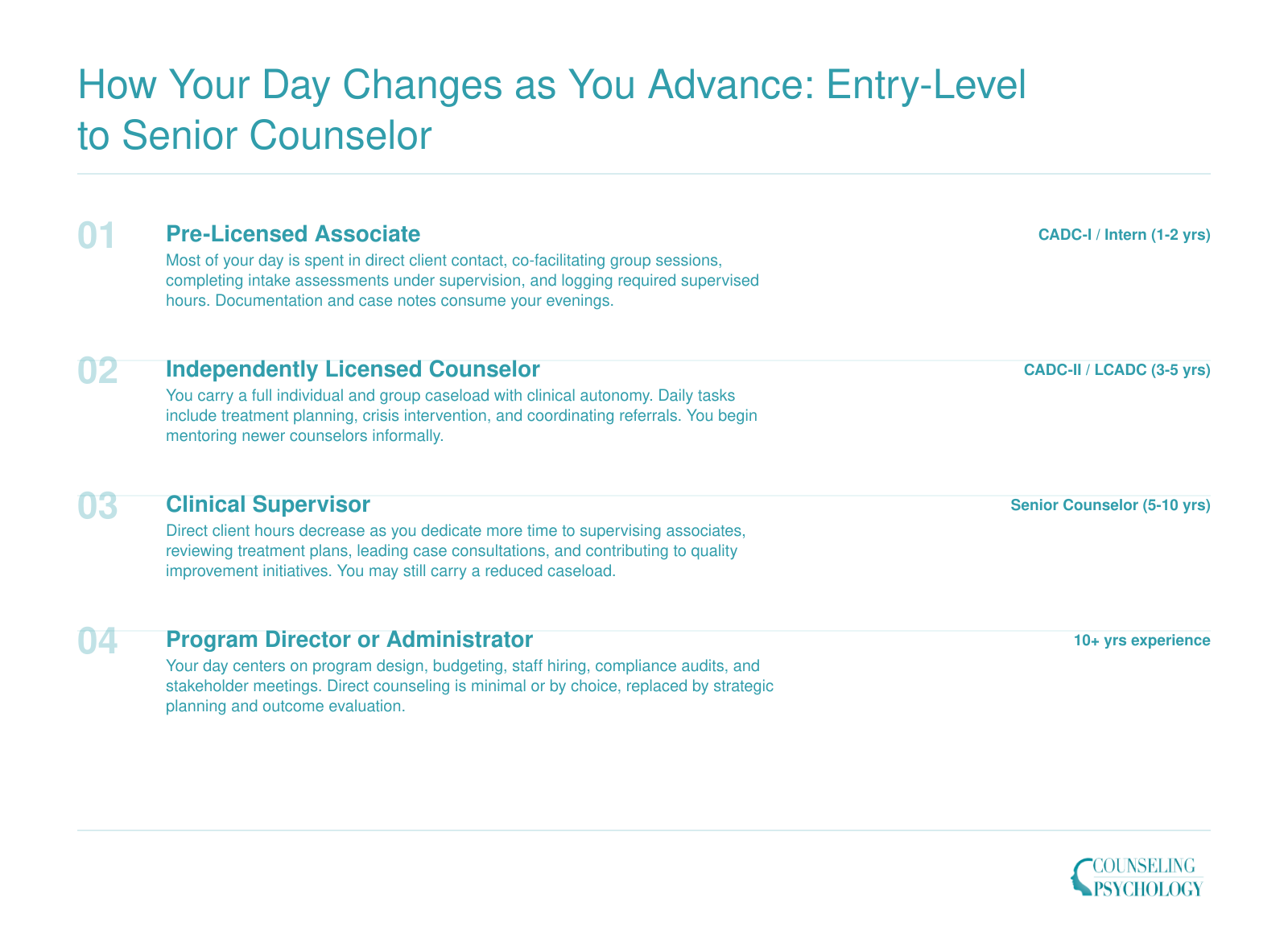 Four-stage career progression from pre-licensed associate to program director showing shift from direct client hours to supervision and administration