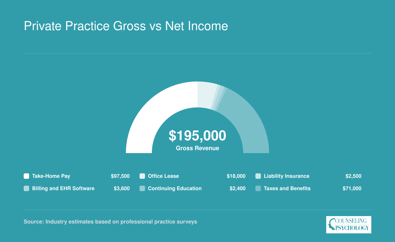 Full-time private practice LPC gross revenue of $195,000 broken into take-home pay, taxes, office lease, insurance, software, and continuing education costs