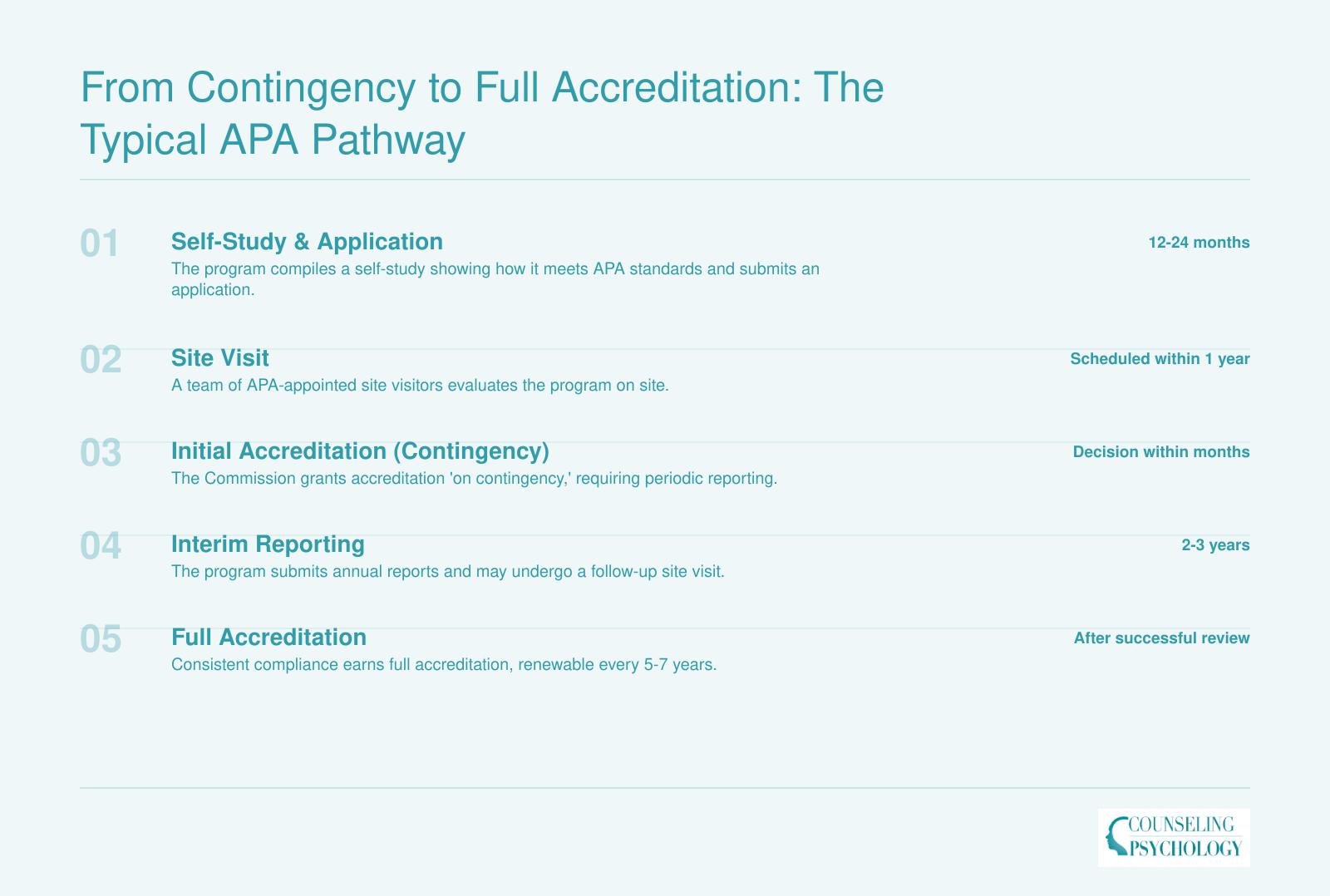 APA accreditation process steps: self-study, site visit, initial accreditation on contingency, interim reporting, and full accreditation, spanning 3-5 years.