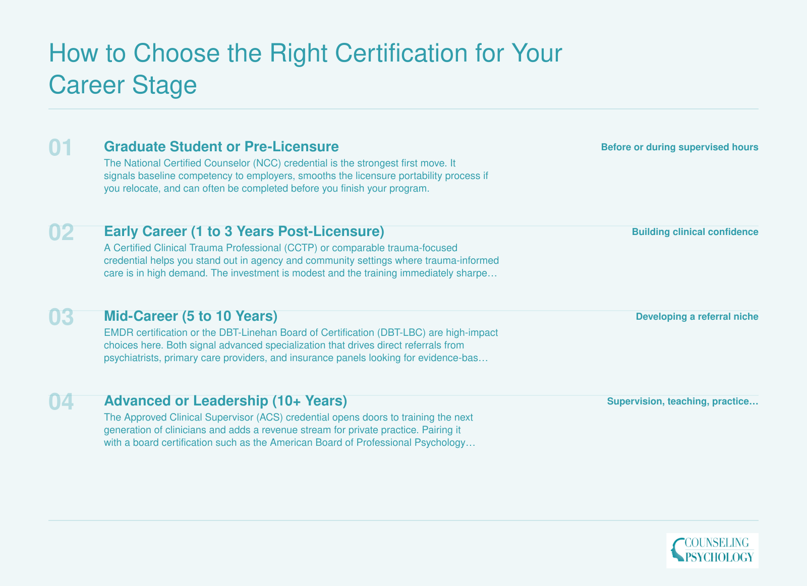 Four-stage career timeline mapping recommended therapist certifications from graduate student through advanced leadership roles