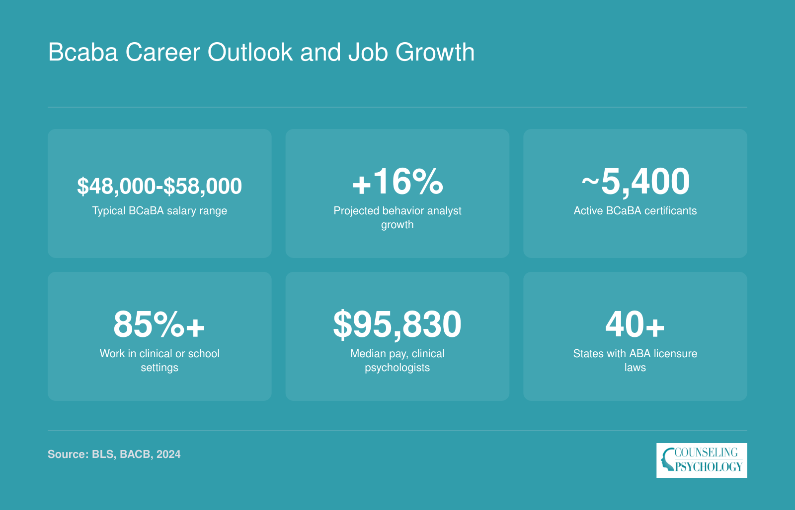 Six career statistics for BCaBAs including salary range, projected job growth, active certificants, and common work settings as of 2024