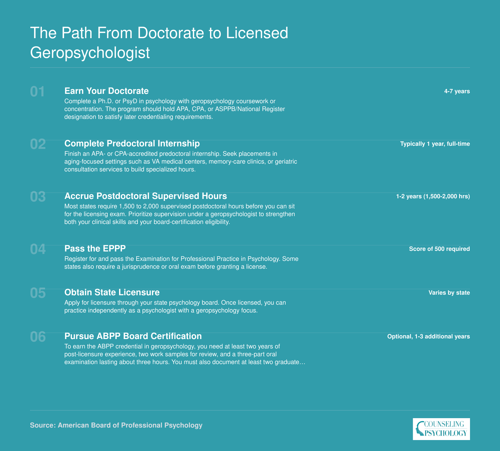 Six-step credentialing sequence from earning a doctorate to optional ABPP geropsychology board certification, spanning 5-9 years total