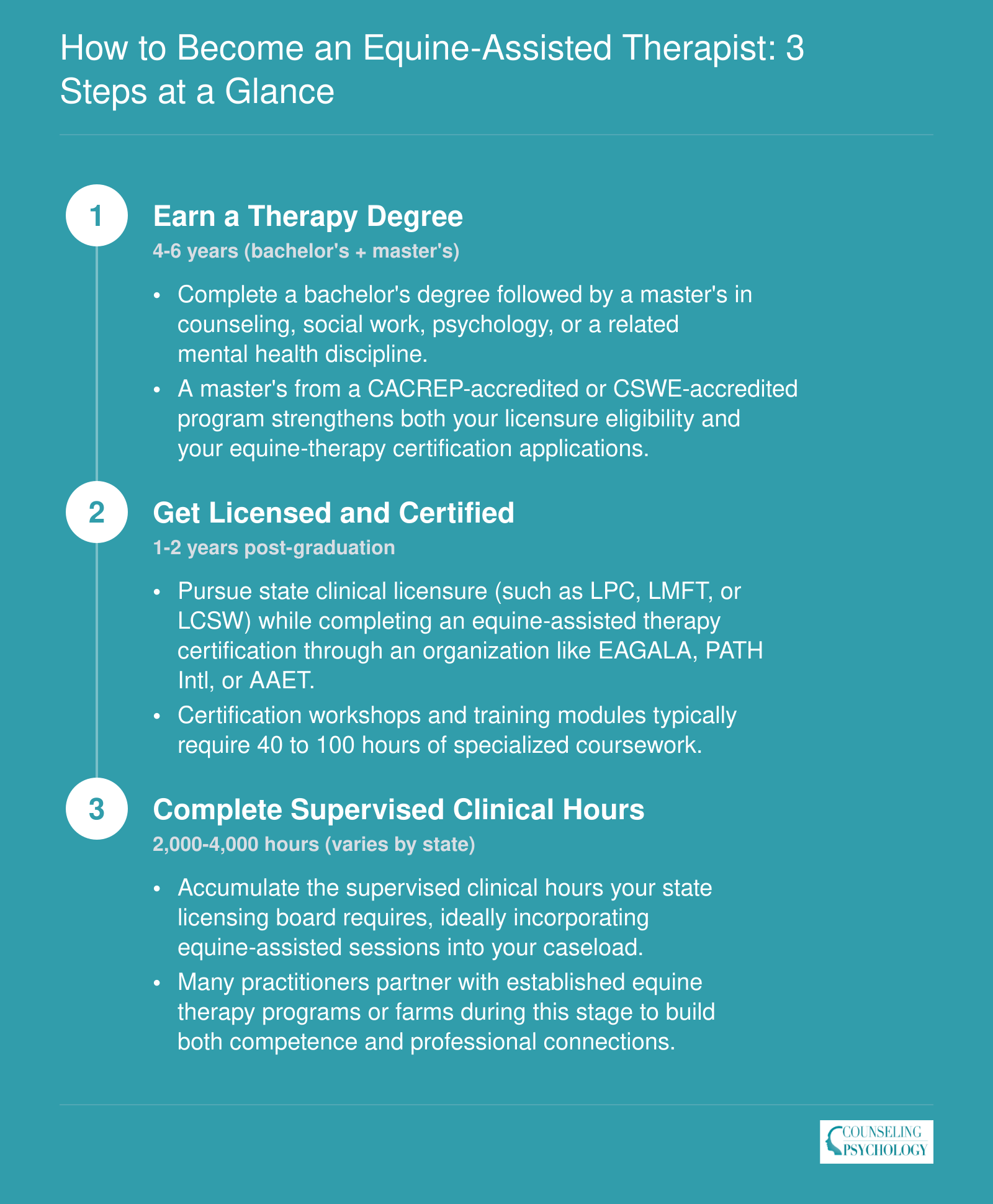 Three-step credentialing path for equine-assisted therapists covering degree, licensure and certification, and supervised clinical experience with timelines
