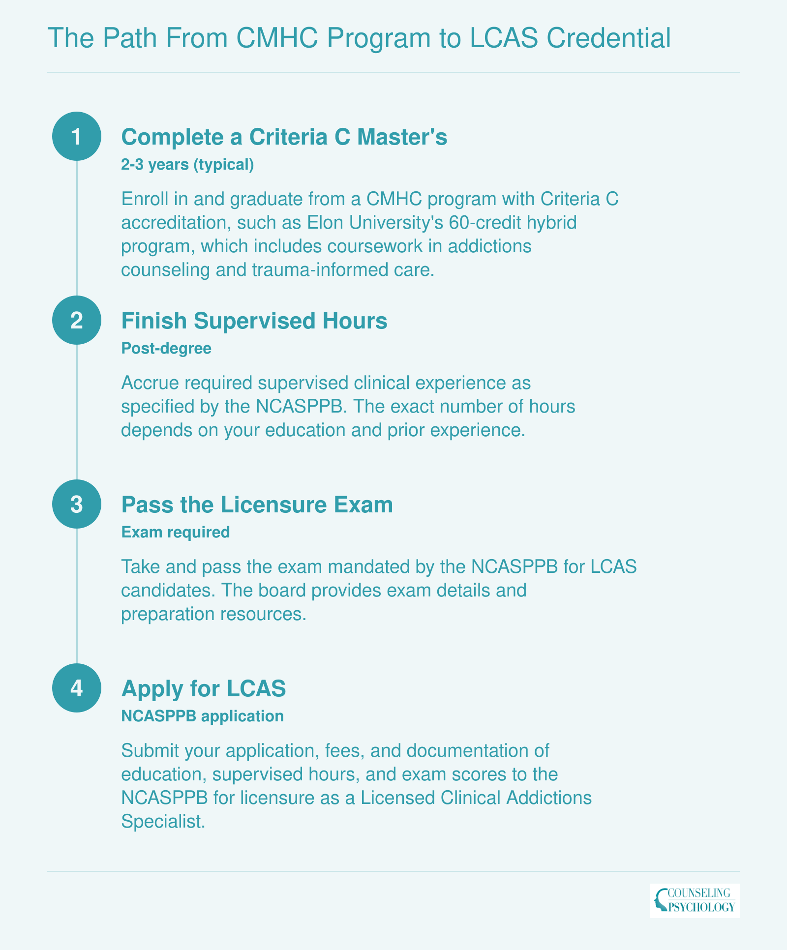 Four-step process to LCAS: graduate from Criteria C program, complete supervised hours, pass licensure exam, apply through NCASPPB.