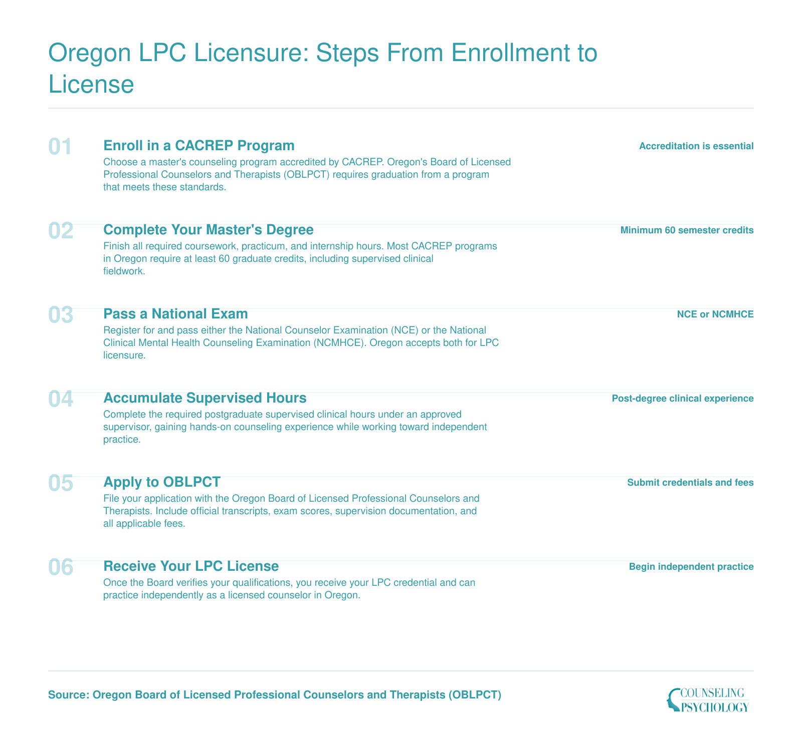 Six sequential steps from enrolling in a CACREP program through receiving an Oregon LPC license, covering degree completion, national exam, supervised hours, and board application
