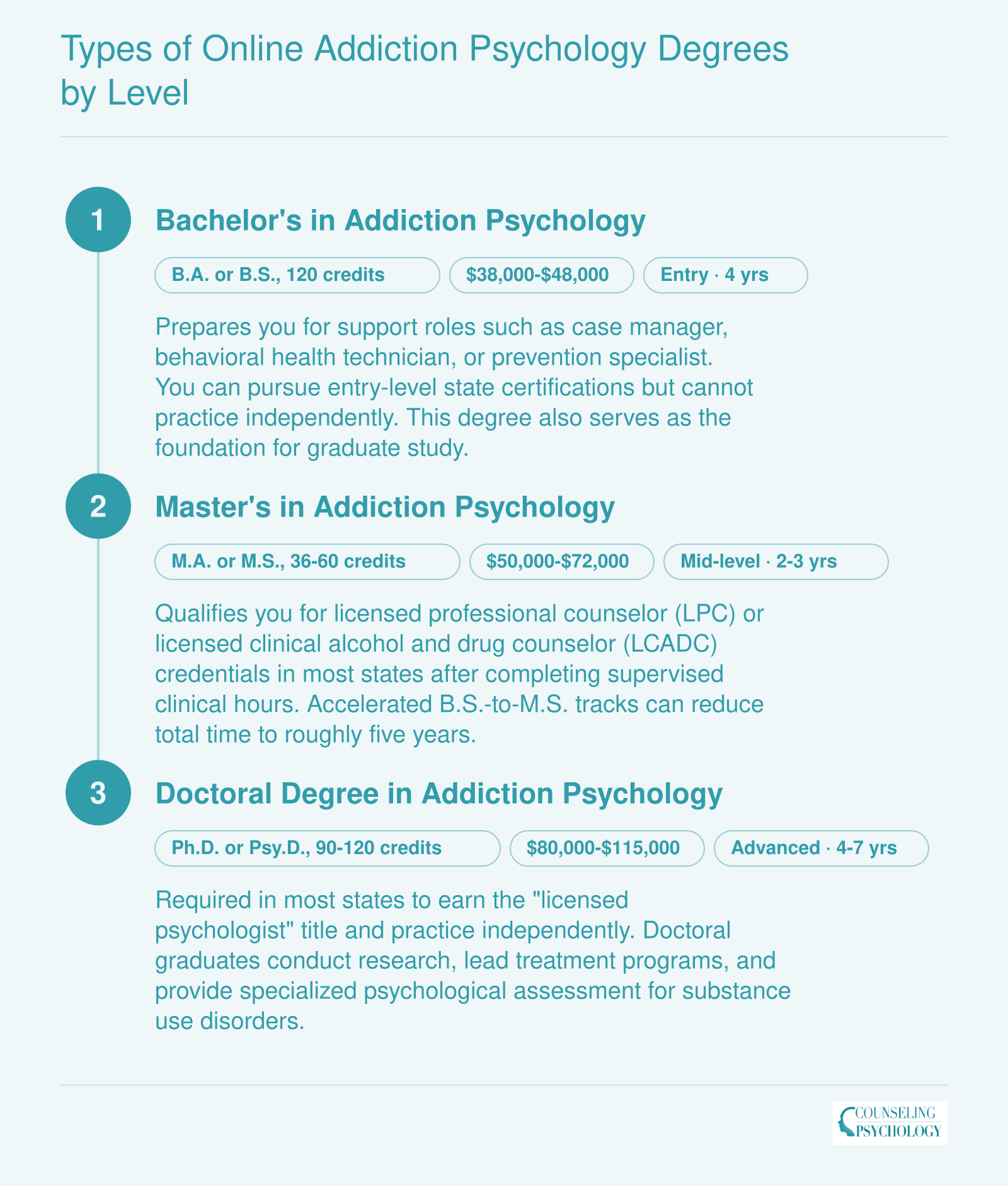 Three-level credentialing ladder from bachelor's through master's to doctoral degree in addiction psychology, showing typical credits, timelines, and salary ranges at each stage
