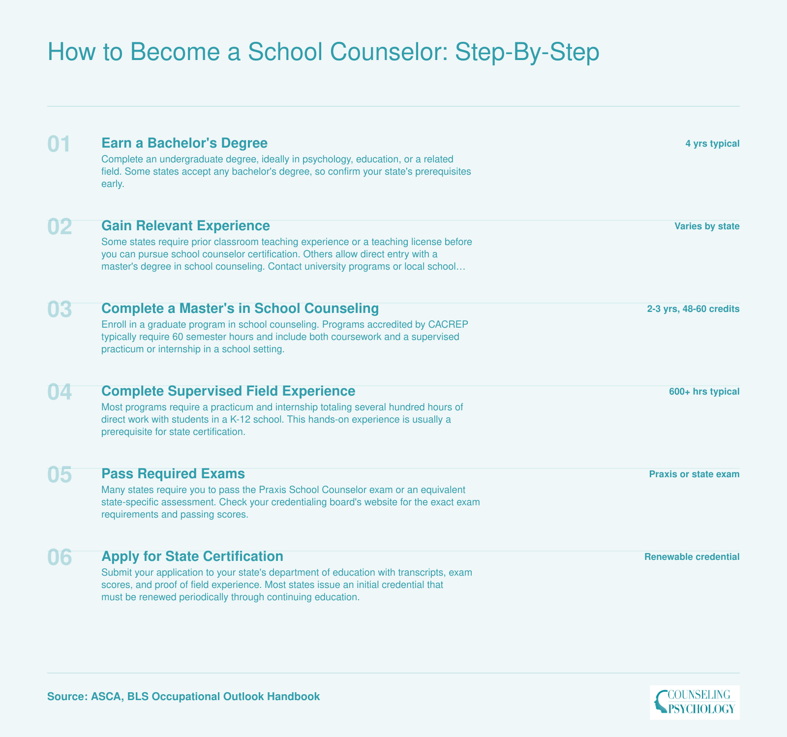 Six-step pathway from earning a bachelor's degree through obtaining state certification as a school counselor